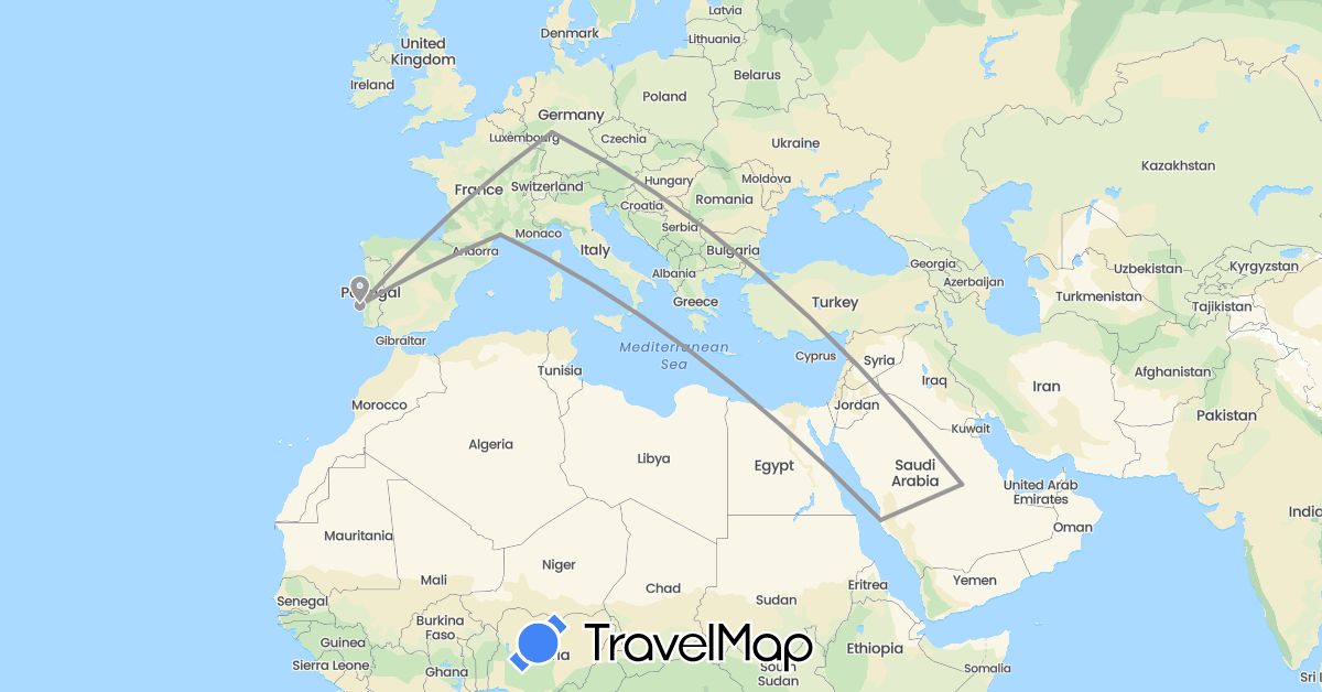TravelMap itinerary: driving, plane in Germany, France, Portugal, Saudi Arabia (Asia, Europe)